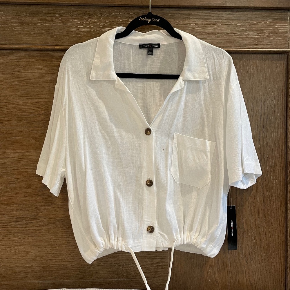 White button down drawstring cropped blouse shirt